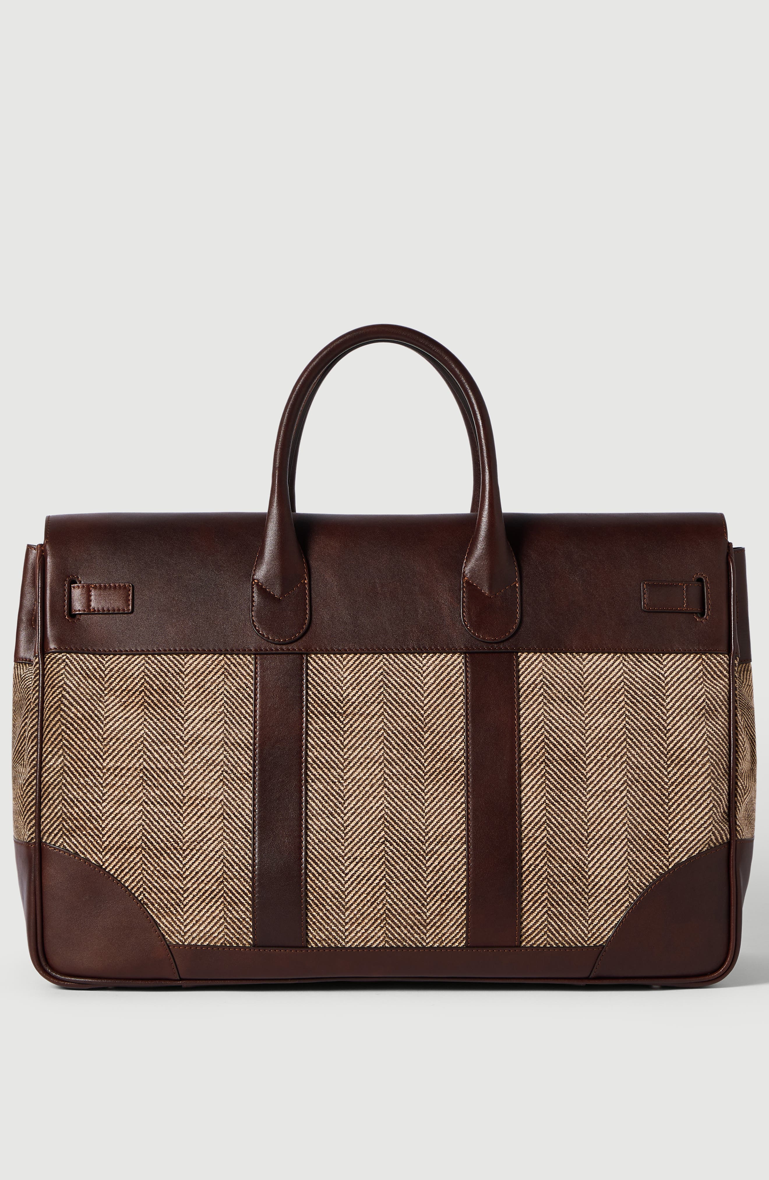 Brunello Cucinelli Burnished calfskin and chevron-effect techno fabric country bag, Alternate, color, Brown