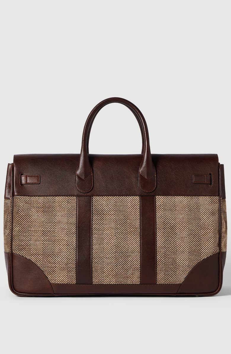 Brunello Cucinelli Burnished calfskin and chevron-effect techno fabric country bag, Alternate, color, Brown