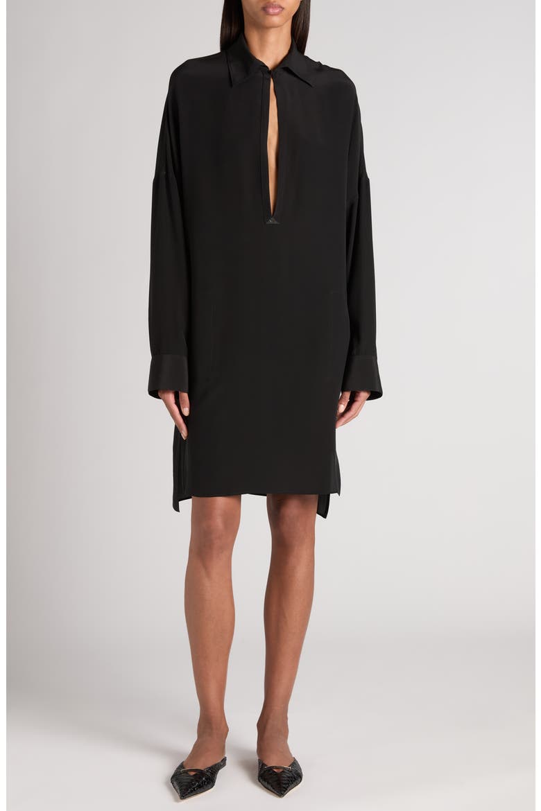 Long Sleeve Silk Crêpe de Chine Tunic Dress, Main, color, BLACK