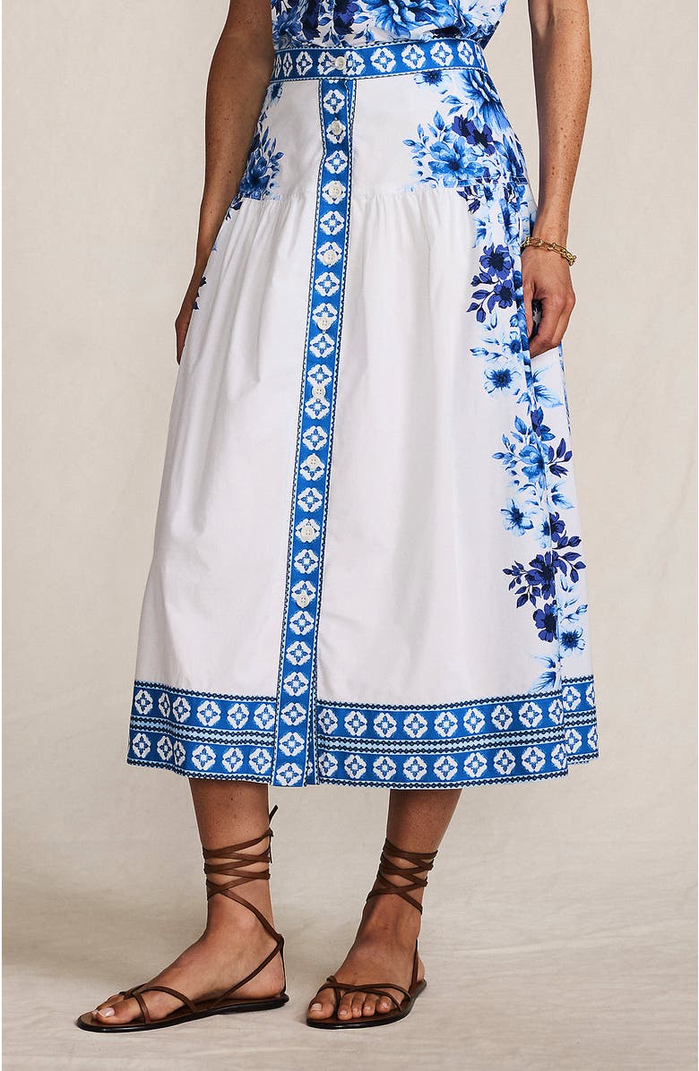 Lands' End Poplin Border Print Midi Skirt - Set Bottom, Main, color, Blue/White Floral Mosaic