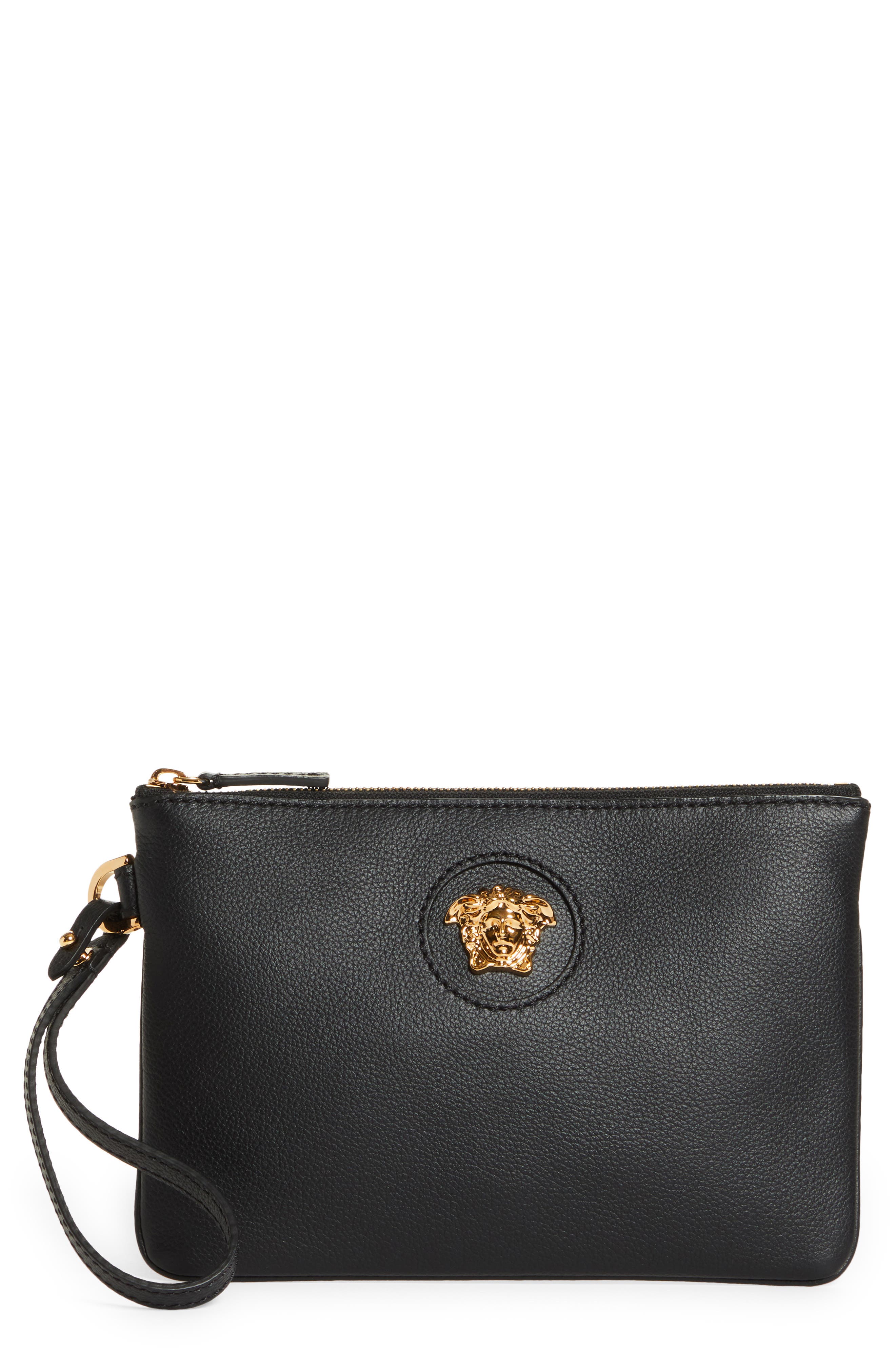 Versace La Medusa Zip Leather Pouch, Main, color, 