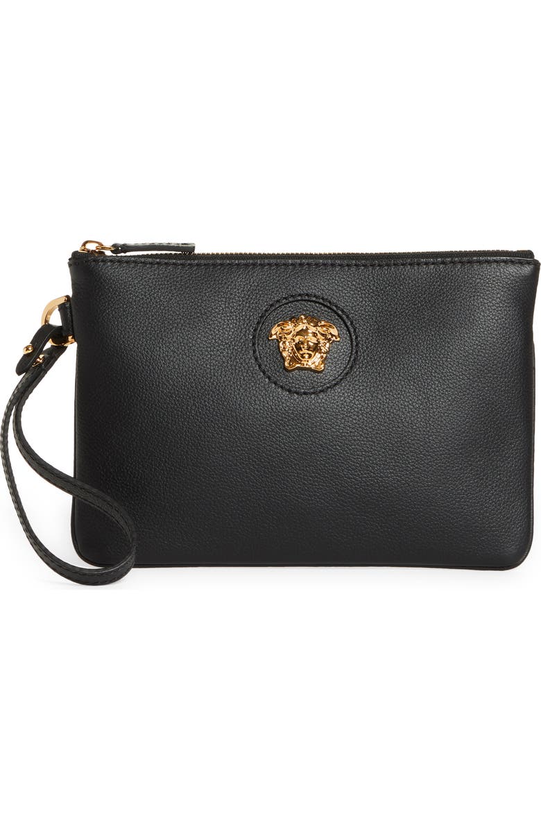 Versace La Medusa Zip Leather Pouch, Main, color,
