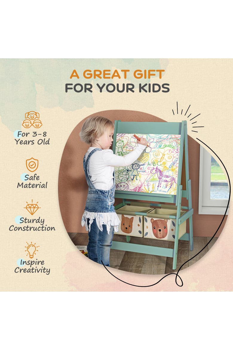 Kids 3-in-1 Art Easel with Paper Roll, Blackboard, Whiteboard, Storage Baskets​, Alternate, color, Green