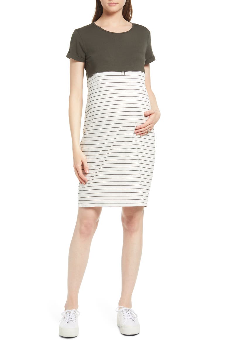 Stripe Maternity/Nursing Nightgown, Main, color, KHAKI