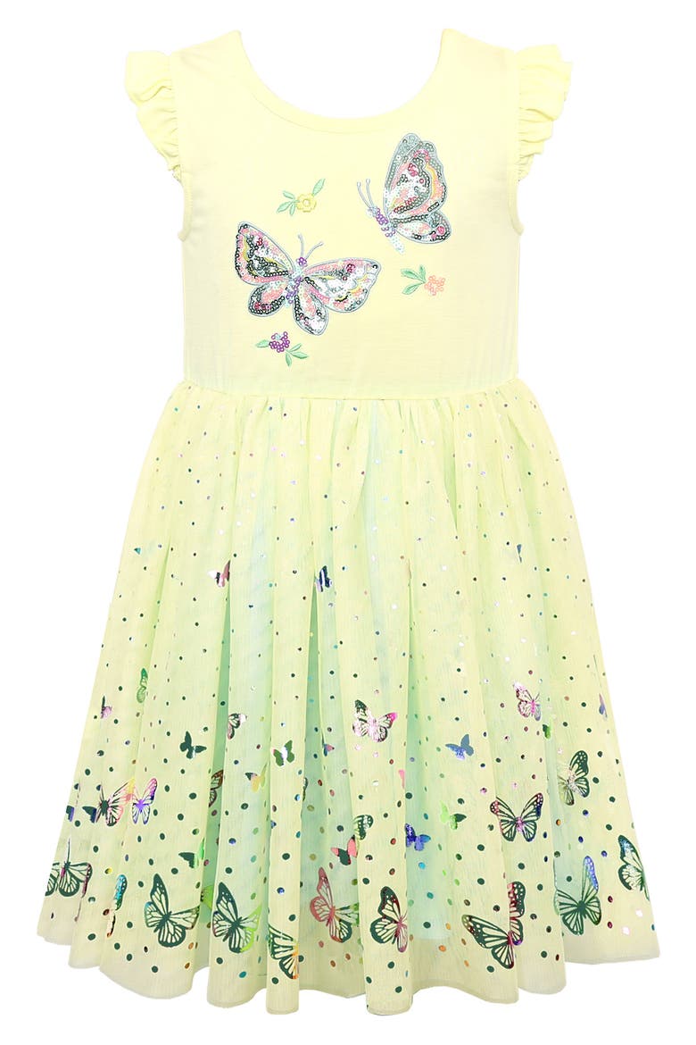 Kids' Flutter Sleeve Butterfly Foil Dress, Main, color, YELLOW
