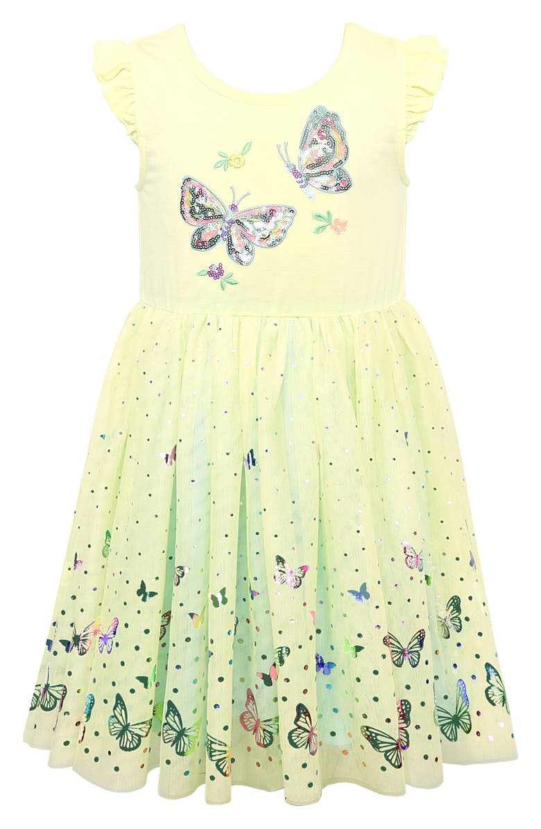 Zunie Kids' Flutter Sleeve Butterfly Foil Dress, Main, color, Yellow