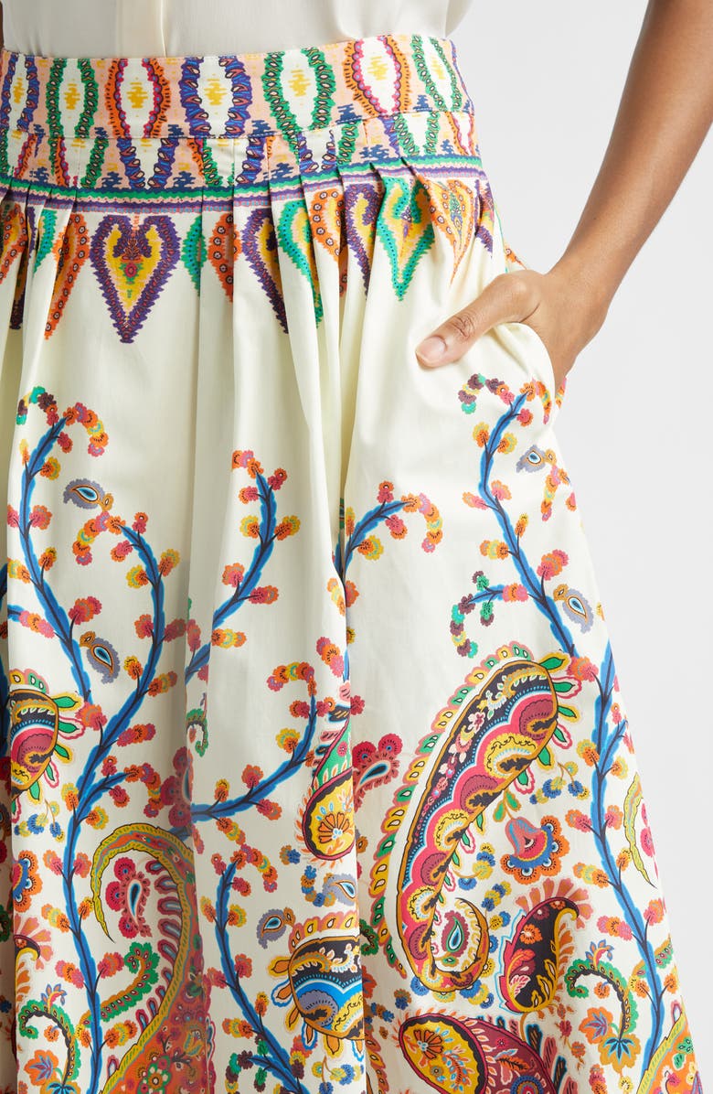 Etro Floral Paisley Pleated Cotton Voile Midi Skirt, Alternate, color, Print On White Base