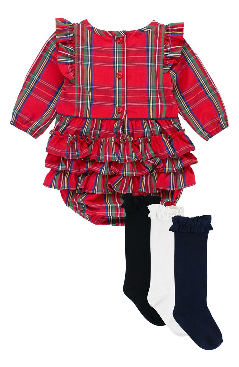 RuffleButts Tartan Cotton Bubble Romper & 3-Pack Over-the-Knee Socks Set, Alternate, color, 