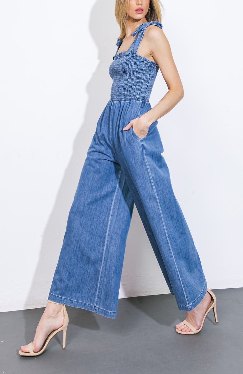FLYING TOMATO Tie Strap Chambray Jumpsuit, Alternate, color, Medium Indigo