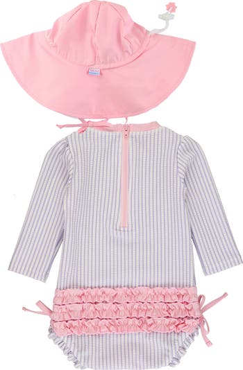 Seersucker Long Sleeve One-Piece Rashguard Swimsuit & Hat Set