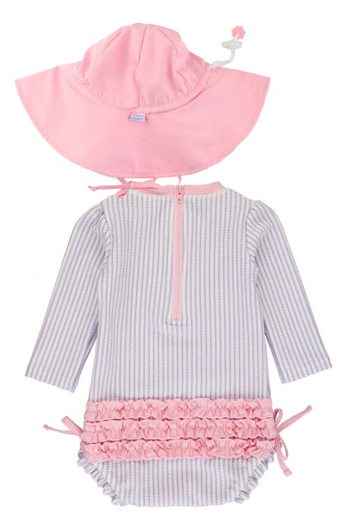 Rufflebutts Seersucker Long Sleeve One-piece Rashguard Swimsuit & Hat Set In Purple