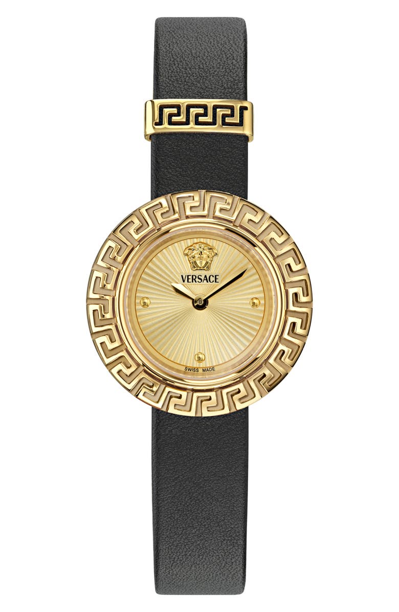 Versace La Greca Leather Strap Watch, 28mm, Main, color, 