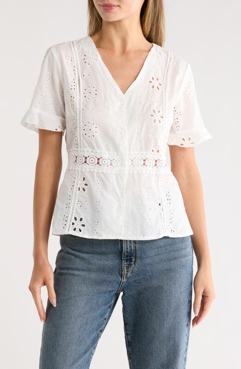 V-Neck Short Sleeve Embroidered Top