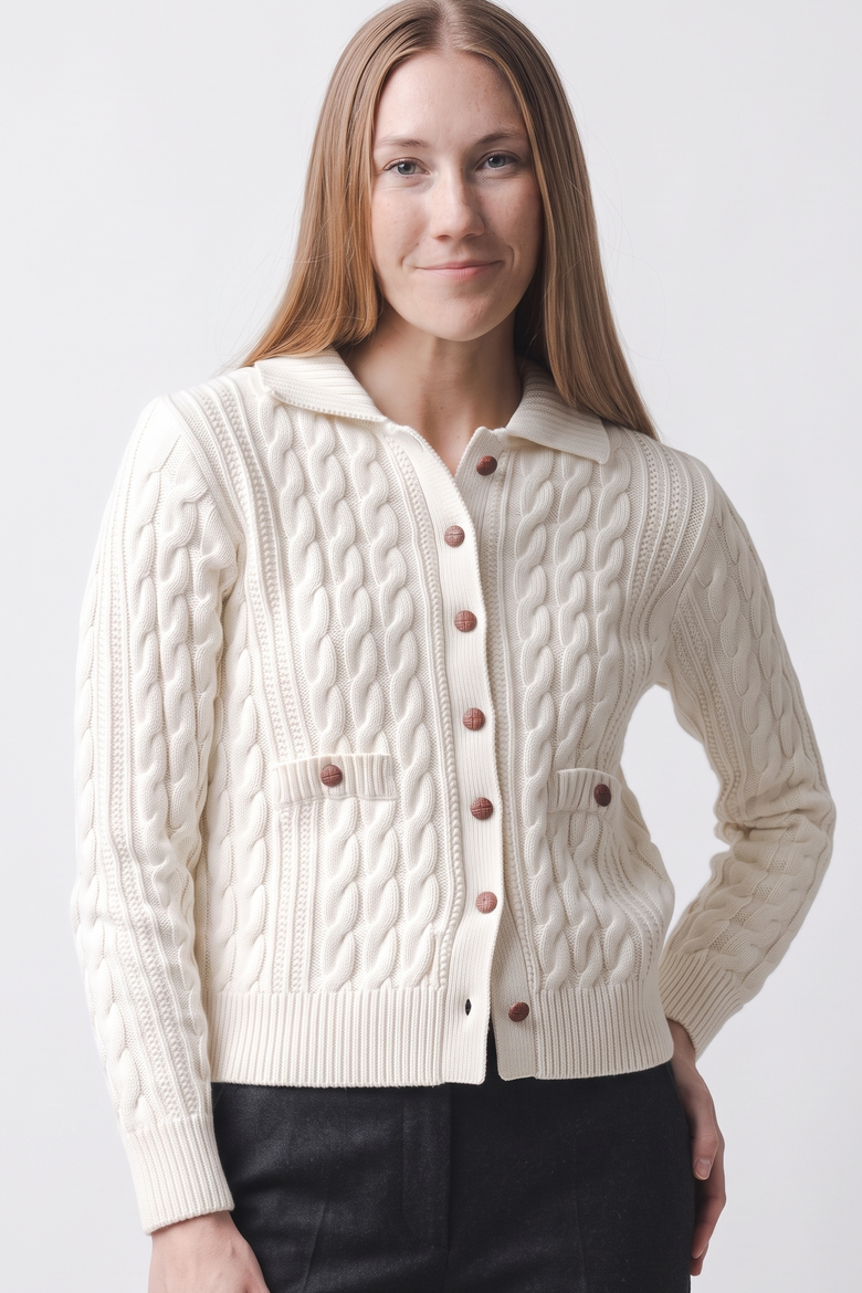 Women's Organic Cotton Cable Knit Collared Cardigan, Alternate, color, Ivory Cable