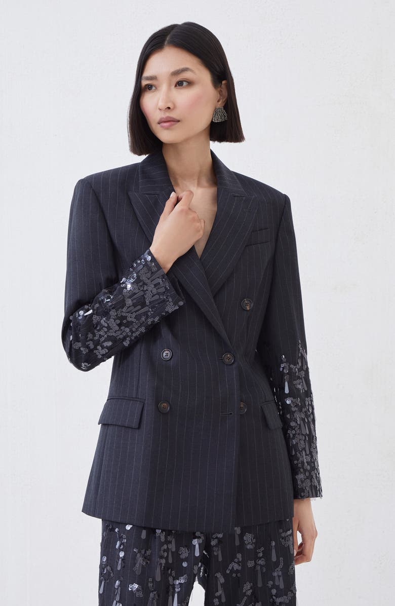 Brunello Cucinelli Blazer with swing drops embroidery, Alternate, color, Lignite Grey