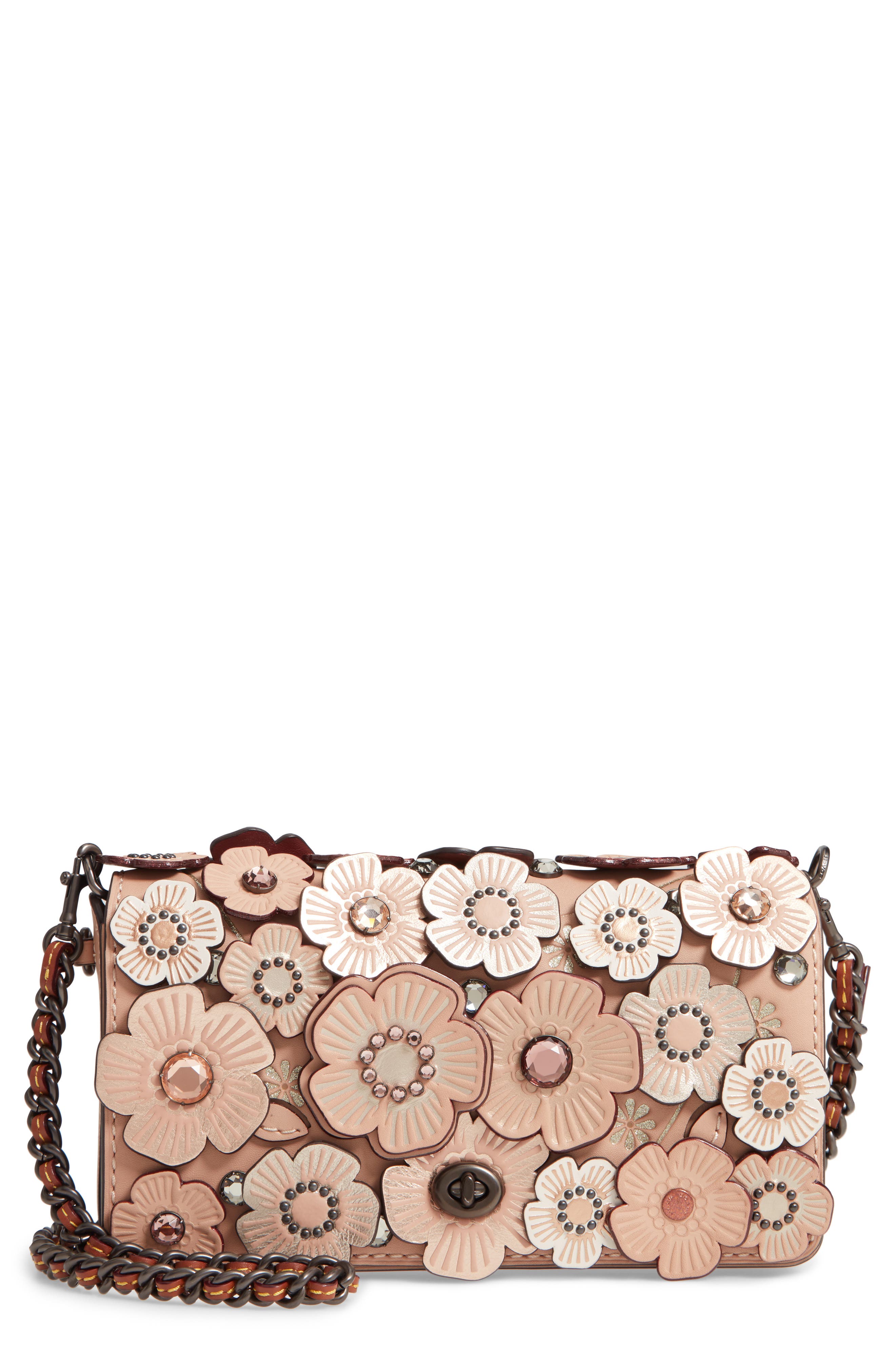 COACH Dinky Crystal Tea Rose Appliqué Leather Crossbody Bag, Main, color, 