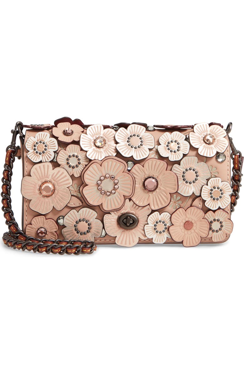 COACH Dinky Crystal Tea Rose Appliqué Leather Crossbody Bag, Main, color,