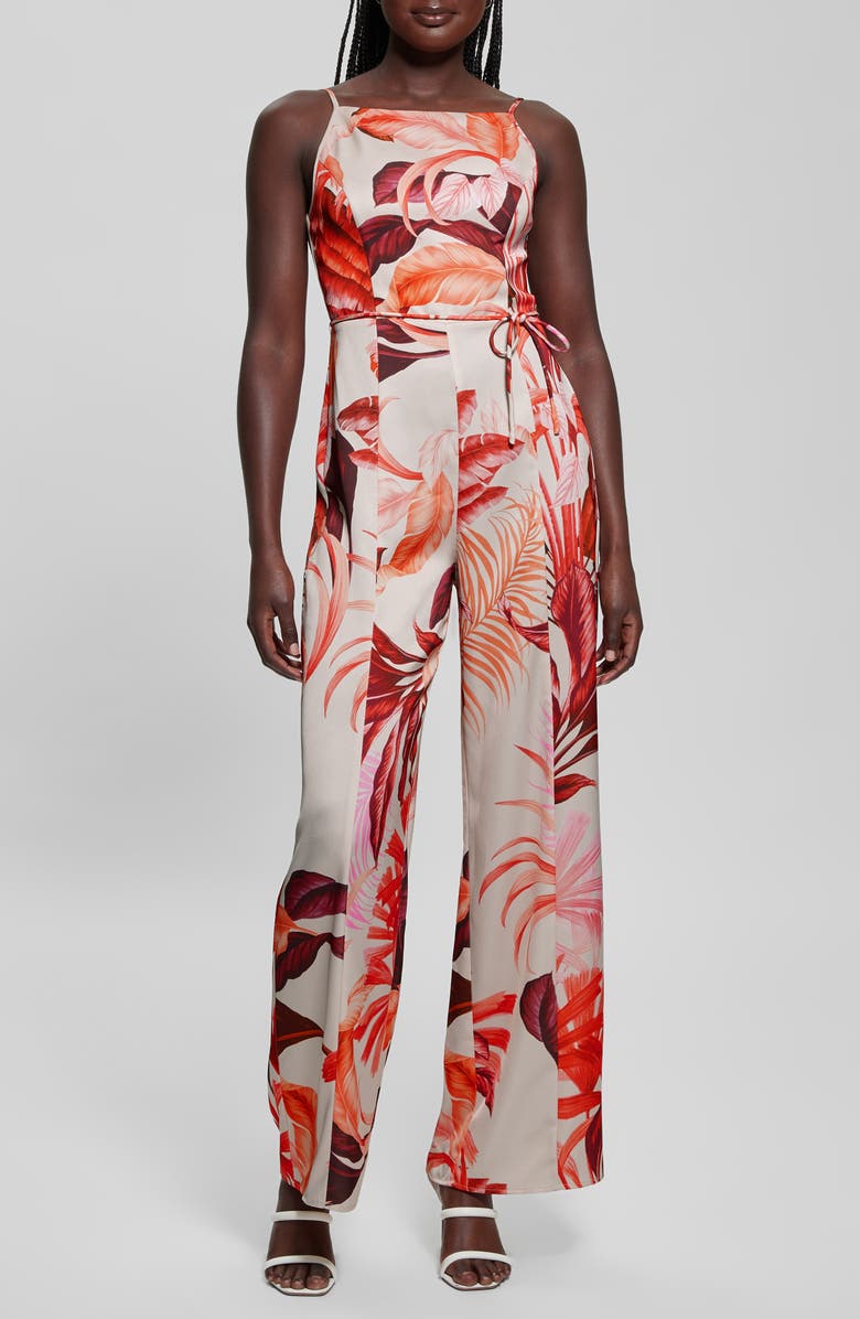 GUESS Sana Satin Tie Waist Jumpsuit, Main, color, Tropic Eclipse Print