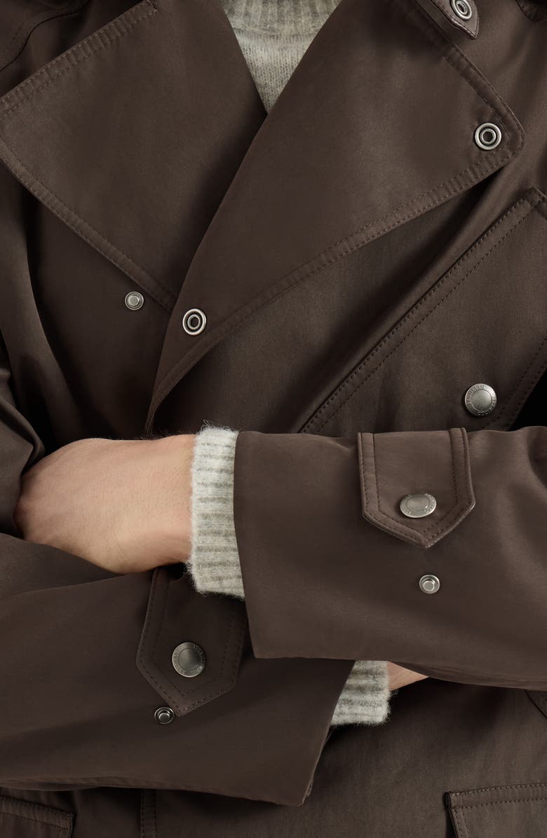 Brunello Cucinelli Water-resistant microfiber motorcyle trench with nappa leather inserts, Alternate, color, Brown