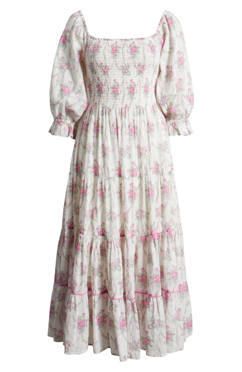 LoveShackFancy Rigby Floral Tiered Cotton Midi Dress, Alternate, color, 
