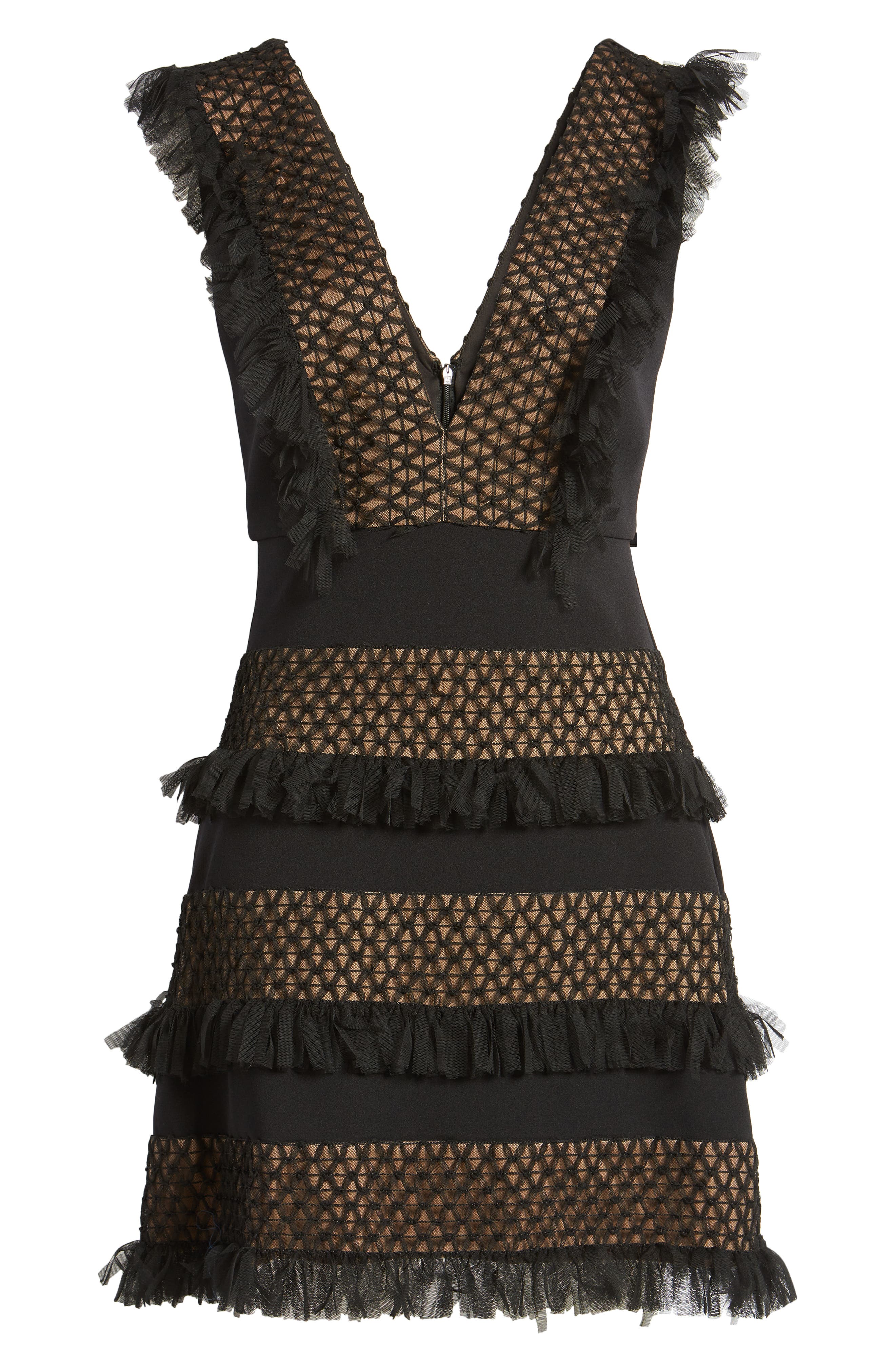 plunge neck tiered ruffle cocktail dress Tadashi Shoji Women's Tiered Ruffle Minidress - Black Nude