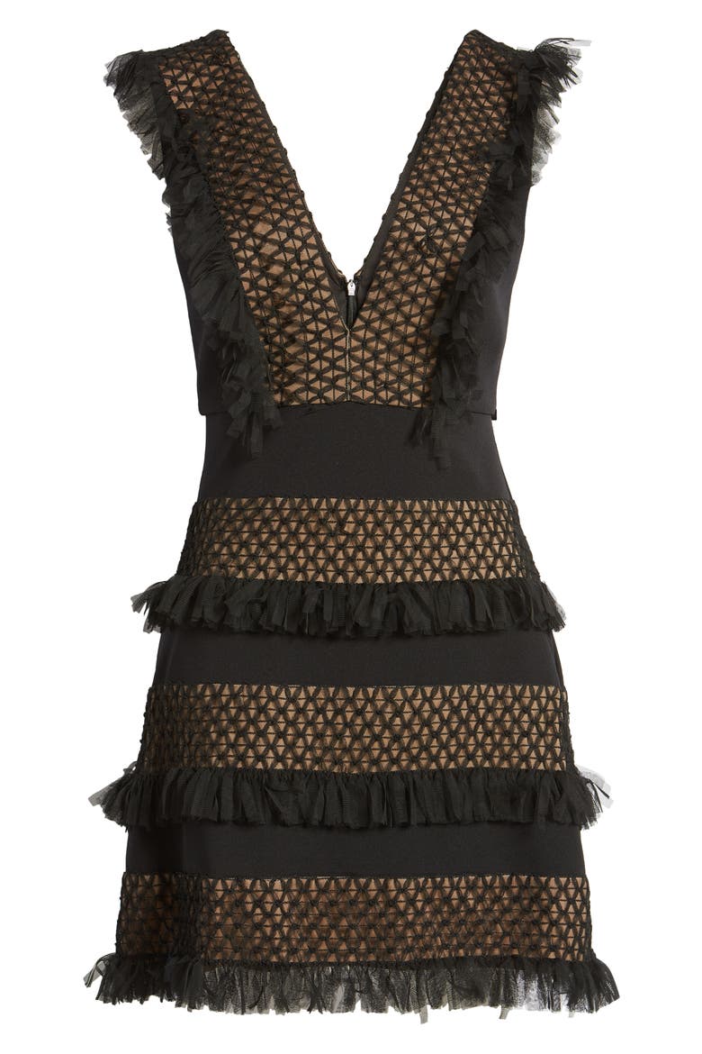 Plunge Neck Tiered Ruffle Cocktail Dress, Alternate, color, BLACK/NUDE