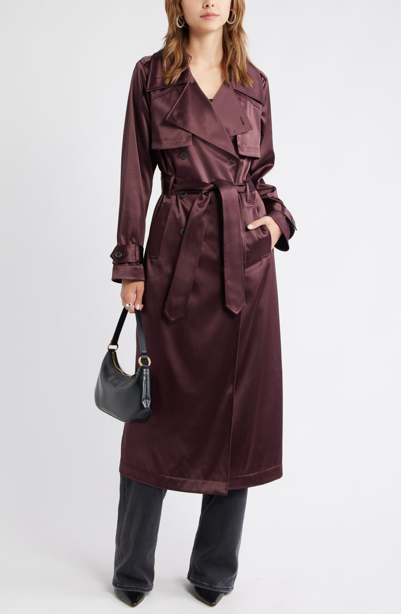 Open Edit Belted Satin Trench Jacket, Alternate, color, Burgundy Fudge