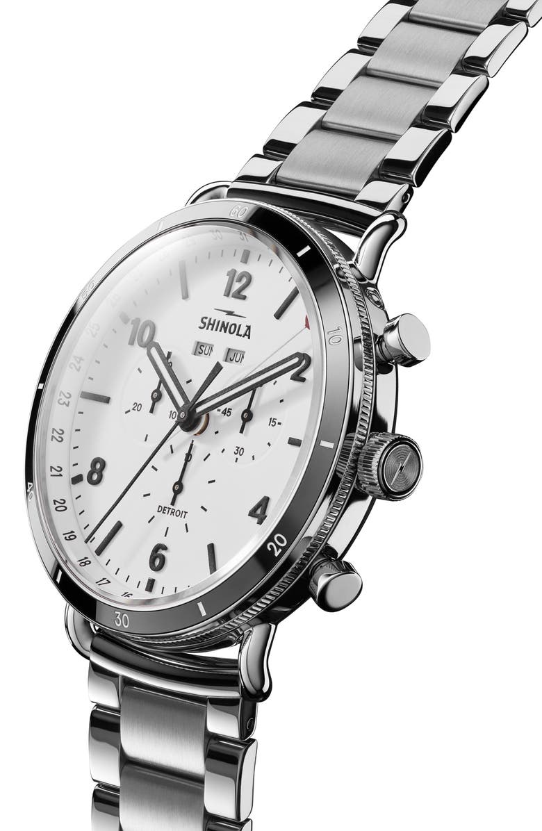 Shinola The Canfield Sport Chronograph Ceramic Bracelet Watch, 45mm, Alternate, color, White/ Stainless Steel