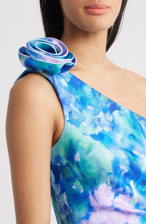 Eliza J Floral One-shoulder Evening Dress In Blue Multi