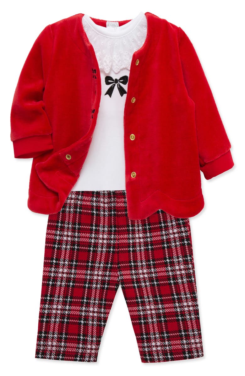 Little Me Cardigan, Bodysuit & Leggings Set, Alternate, color, Red Plaid