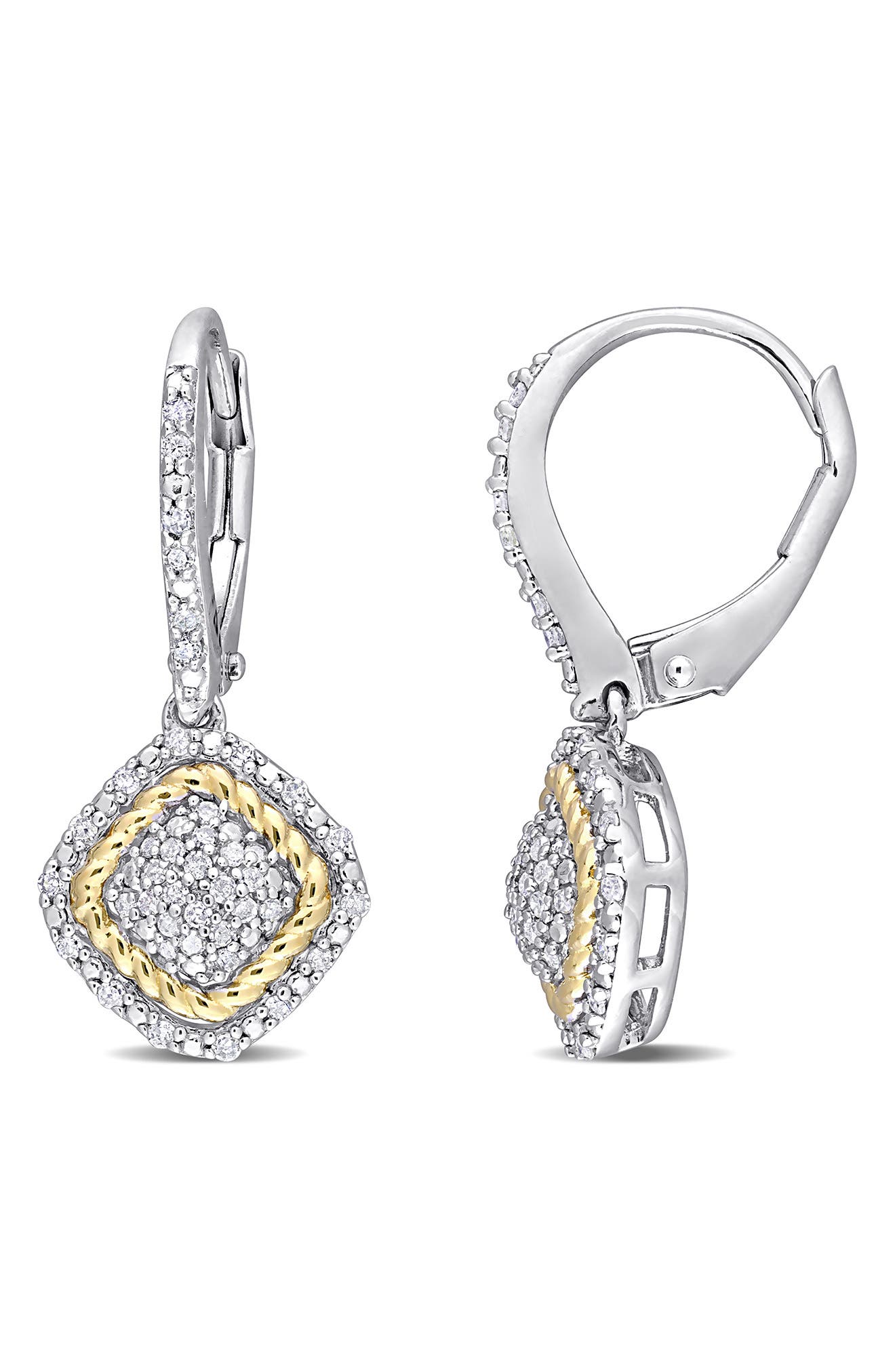DELMAR Sterling Silver & Gold Plated Pavé Diamond Cushion Drop Earrings - 0.31 ctw