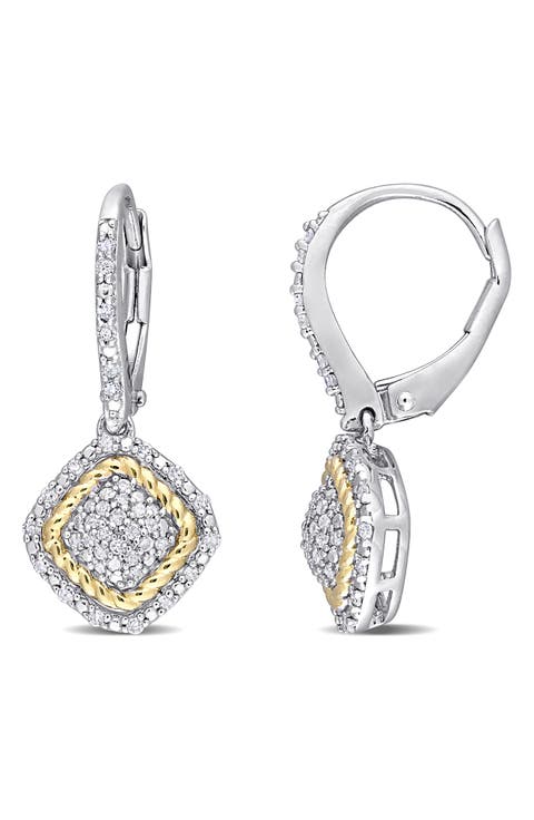 Sterling Silver & Gold Plated Pavé Diamond Cushion Drop Earrings - 0.31 ctw