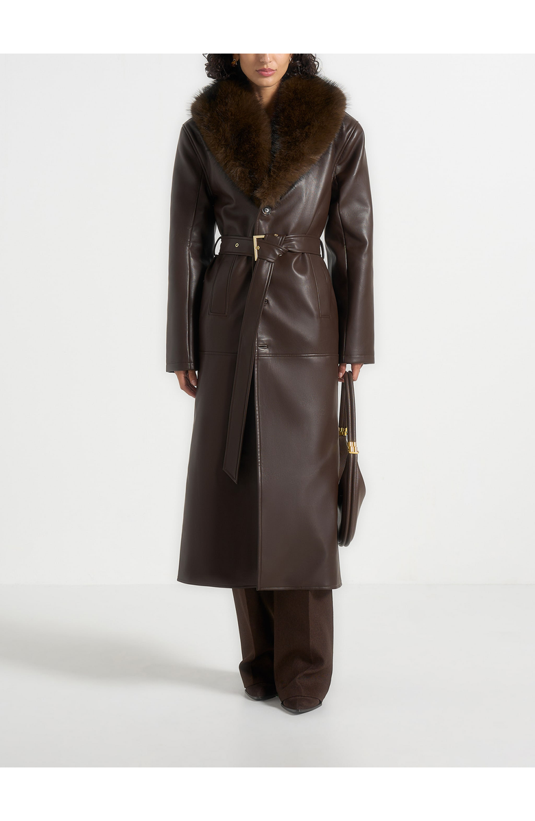 Manière De Voir Cenya Fur Collar Belted Leather Coat, Alternate, color, Brown