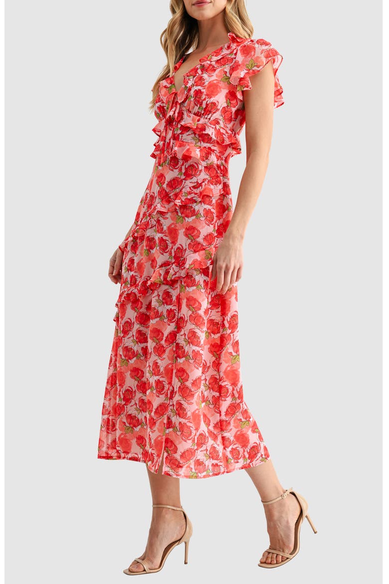 Flutter Sleeve Ruffle Midi Dress, Alternate, color, RED FLORAL