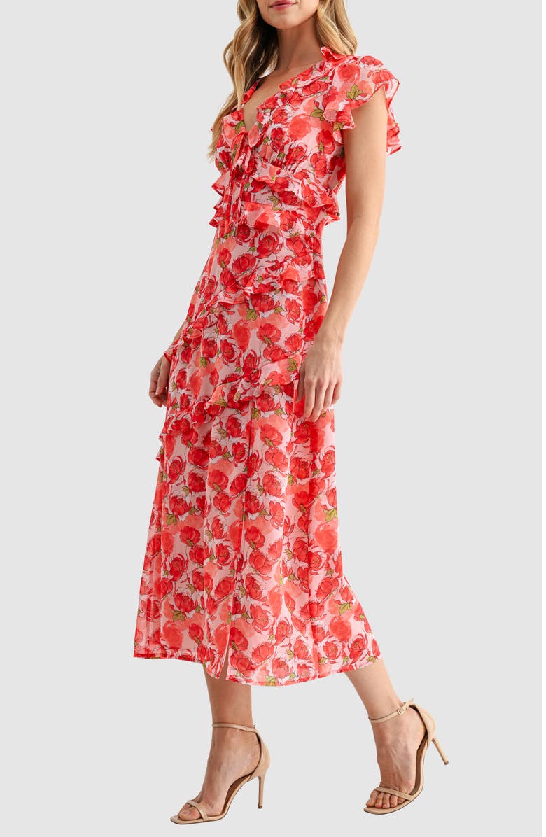 Lush Flutter Sleeve Ruffle Midi Dress, Alternate, color, Red Floral