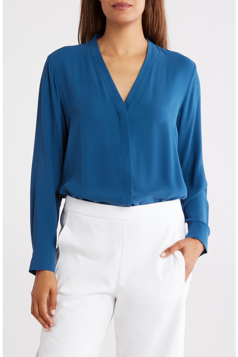 V-Neck Silk Button-Up Shirt, Main, color, ATLANTIS