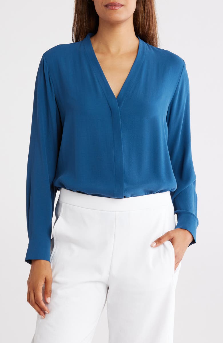 Eileen Fisher V-Neck Silk Button-Up Shirt, Main, color, 