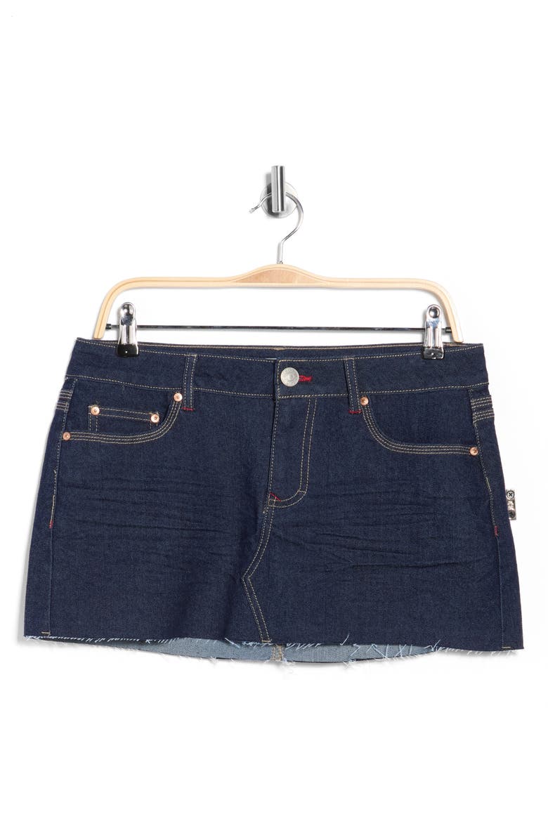 Madden Girl Raw Hem Denim Miniskirt, Main, color, Dark Rinse