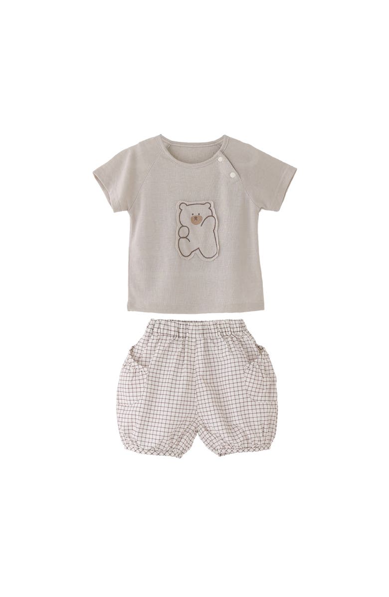 Banblu Bear Shirt & Checkered Shorts Set, Main, color, Beige