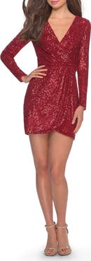 La Femme Long Sleeve Sequin Dress with Faux Wrap Skirt