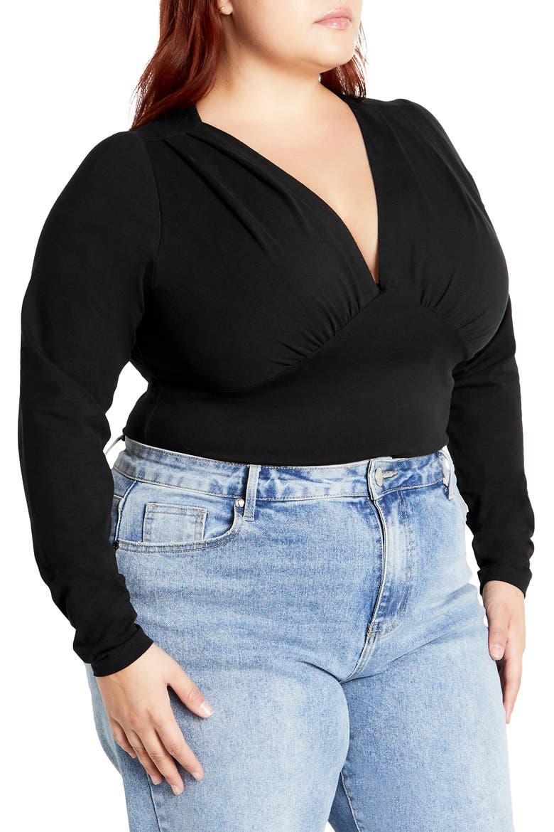 Amelia Pleated Long Sleeve Stretch Cotton Bodysuit, Alternate, color, BLACK