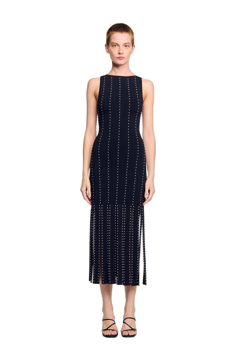 SANDRO Fringed knit midi dress, Main, color, 