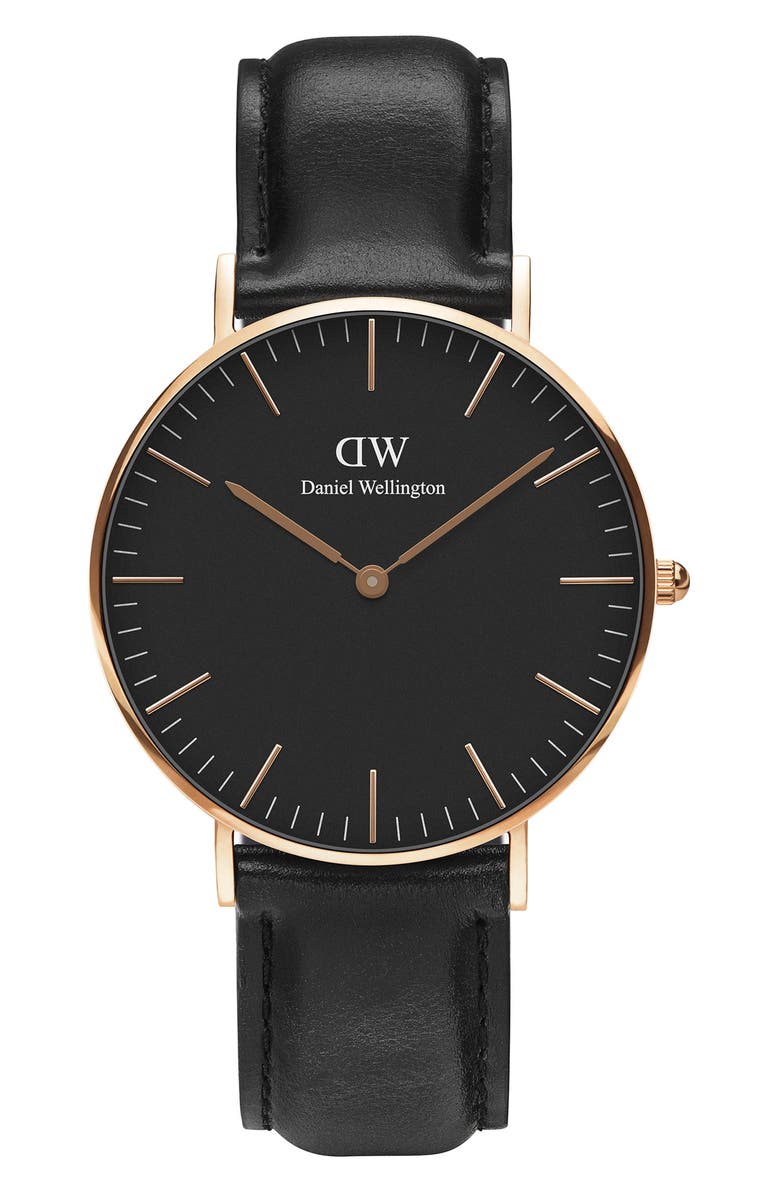 Daniel Wellington Classic Sheffield Leather Strap Watch, 36mm, Main, color, Black / Rose Gold