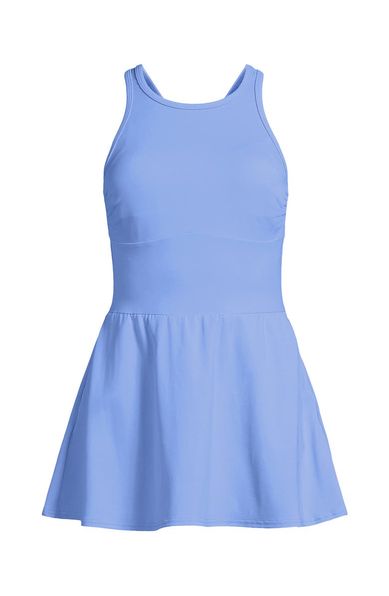 Lands' End Plus Size Tugless High Neck Swim Dress Swimsuit, Alternate, color, Clear Blue Sky