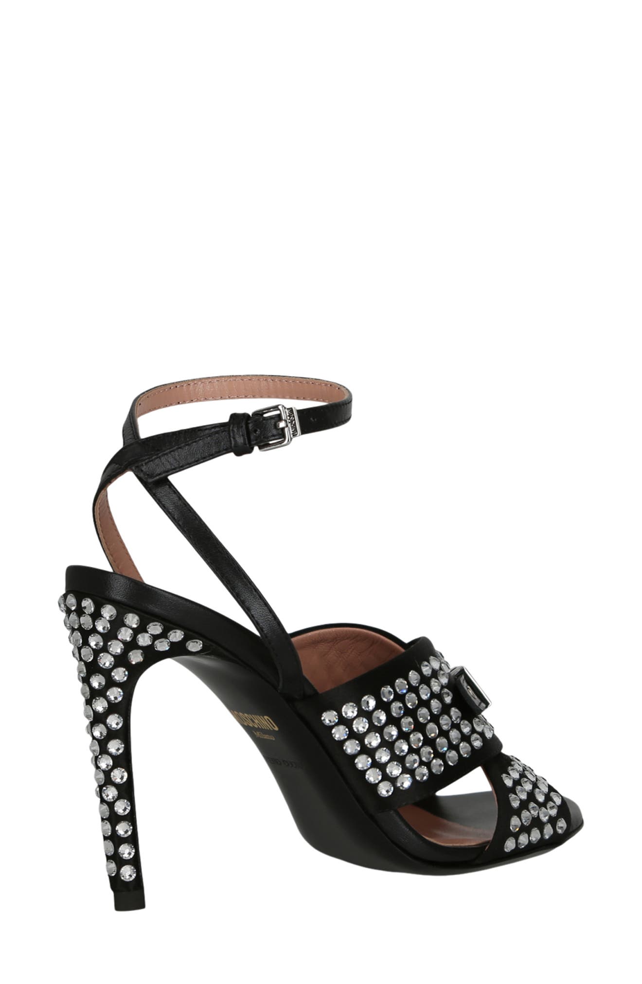 Moschino Crystal Embellished Satin Sandal, Alternate, color, Black