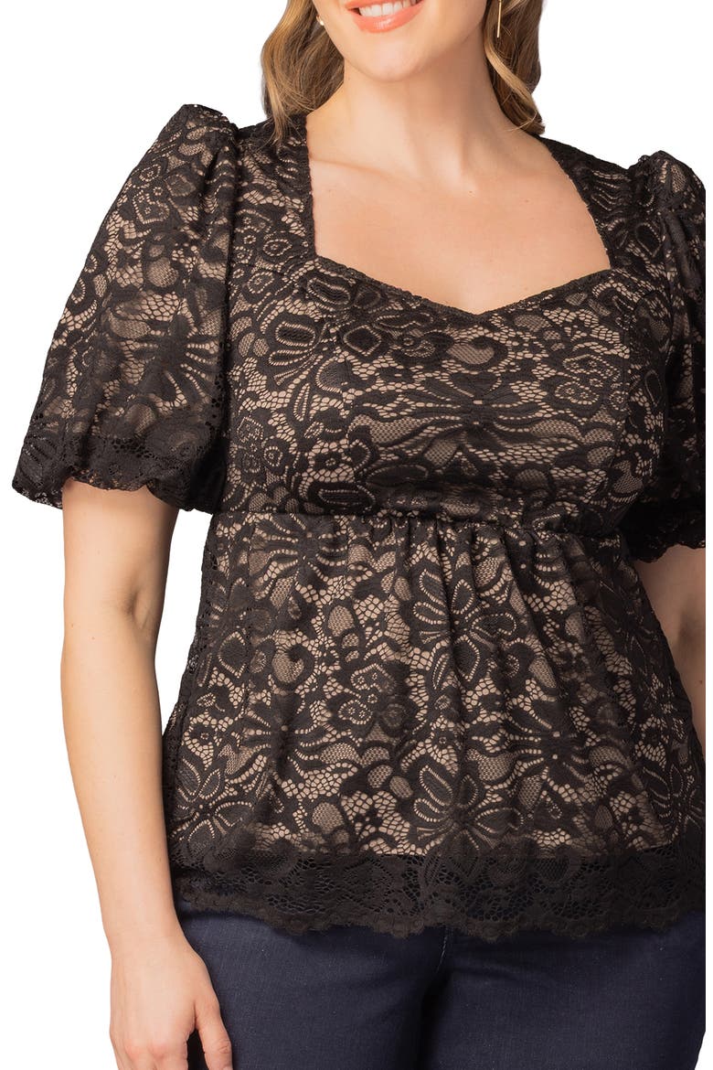 Winsome Puff Sleeve Lace Top, Alternate, color, BLACK/ NUDE
