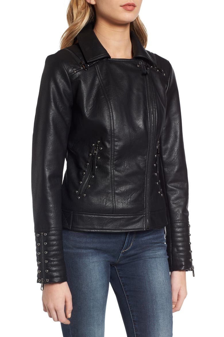 Studded Faux Leather Biker Jacket, Alternate, color, BLACK