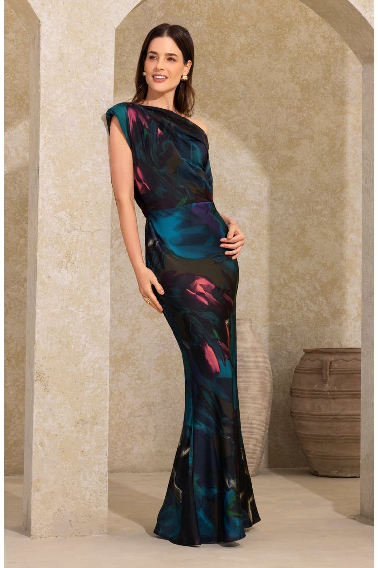 Floral Print Satin Gown, Alternate, color, TEAL/ MULTI