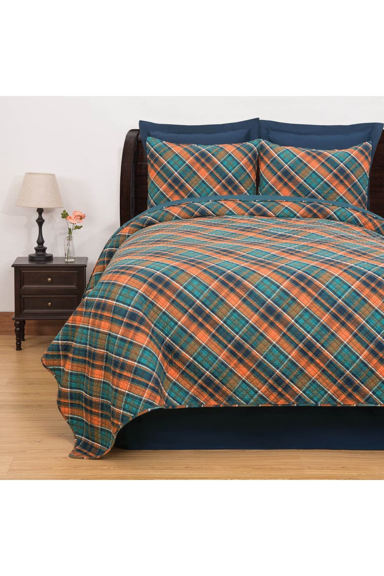 Troy Plaid Cotton Quilt Set - Reversible and Machine Washable, Alternate, color, Blue