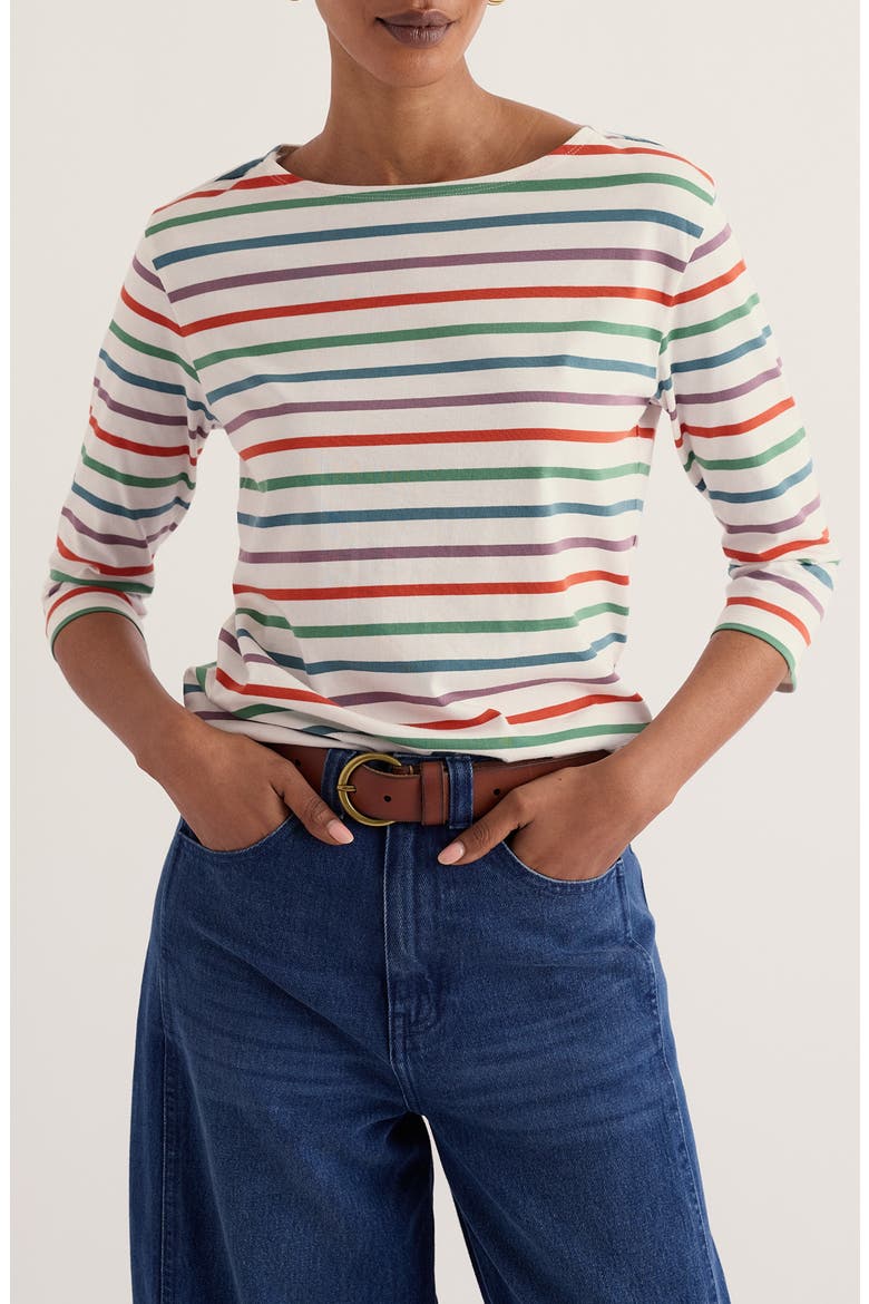 Sailor Stripe Three Quarter Sleeve Organic Cotton T-Shirt, Main, color, QUAD BRETON LENTIL